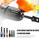 Impact Grade Power Drill Socket Adapter Sets 6 PCS, 50mm-73mm Long Impact Socket To Drill Adapter Set 1/4 3/8 1/2 Hex Shank Impact Driver Bit Set Socket Holder, Black Drill Bit Attachments -BCS6