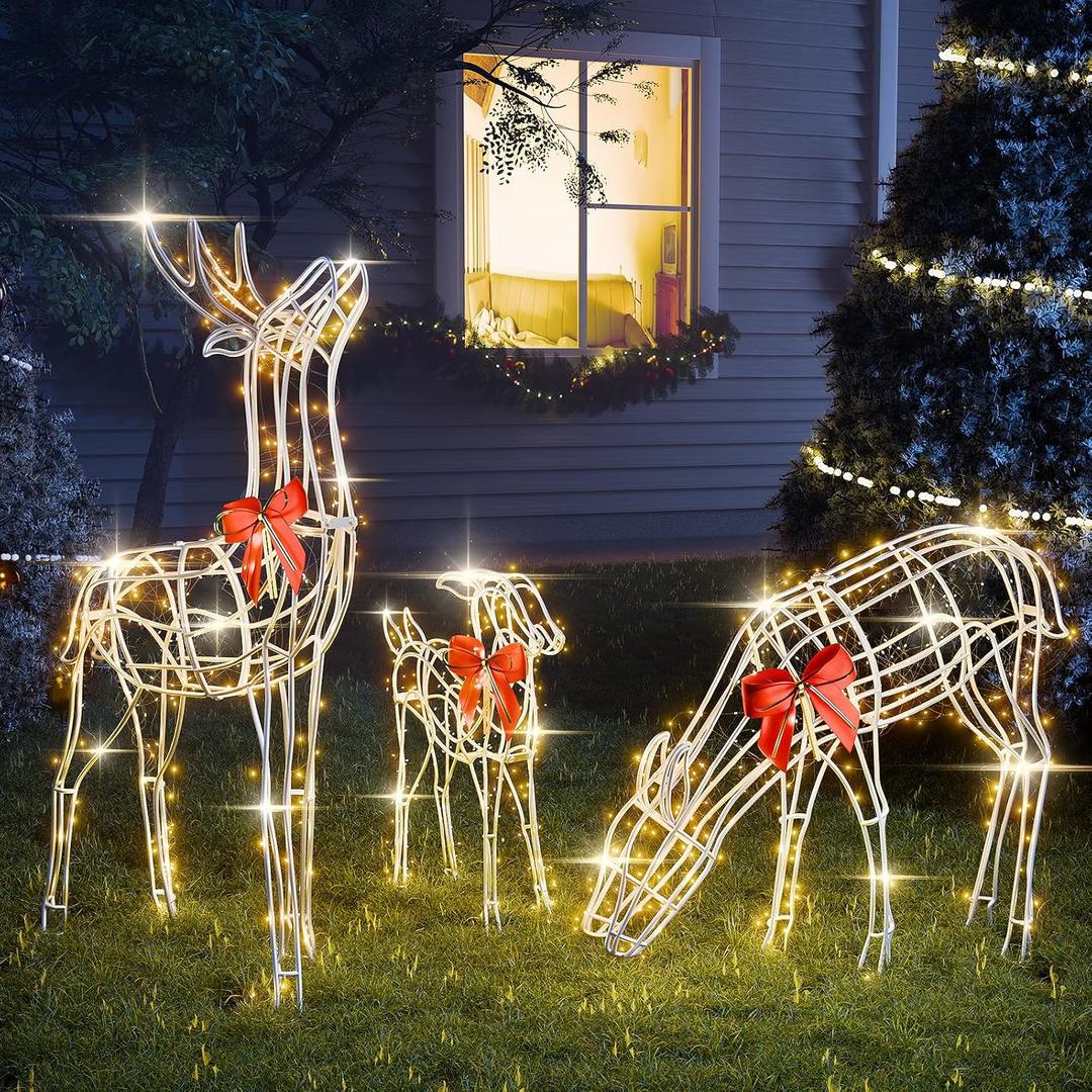 2024 Upgraded Large Christmas Decorations Outdoor Yard, Set of 3 Light Up Reindeer Christmas Decoration, Xmas Decorations Clearance Outdoor Indoor Decorations (White)