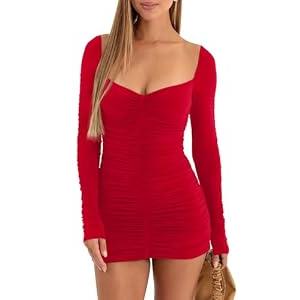 GOBLES Women's Elegant Long Sleeve V Neck Ruched Bodycon Mini Party Cocktail Dress Red Medium