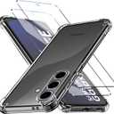 for Samsung Galaxy S24 FE Case, Shockproof TPU Clear Cover with 2 Pack Tempered Glass Screen Protectors & Leather Kickstand (3M Adhesive Mount) for Stand/Horizontal Viewing, Clear