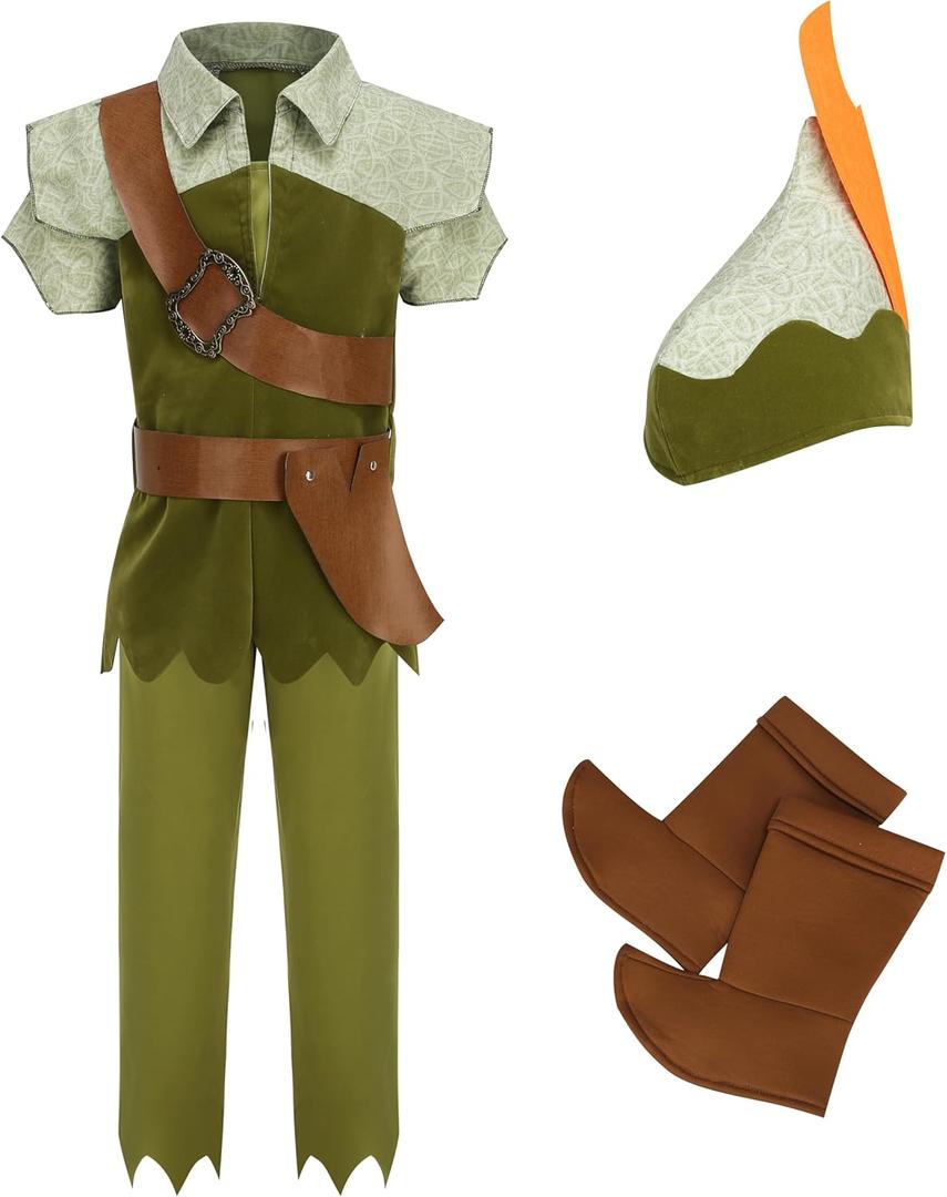 Kids Peter Pan Costume Set,Boys and Girls Peter Pan Costume,Child Halloween costume (120/S, Green)