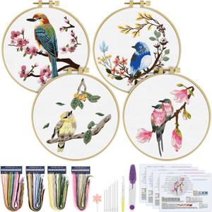ERKOON 4 Sets Embroidery Kit for Beginners,Hummingbird and Flower Cross Stitch Set for Include Embroidery Cloth Hoops Threads for Craft Lover Hand Stitch (Flowers and Birds)