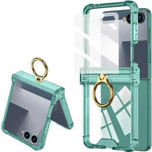 for Samsung Galaxy Z Flip 7 Clear Case Hinge Protection with Ring Holder & Screen Protector Soft All-Inclusive Shockproof Cover for Samsung Galaxy Z Flip 7 (Green)