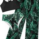 NECIOUS Girls Swimsuit, 3 Piece Bikini Bathing Suit Tropical Floral Swimwear with Cover Up Pants  (13-14 Years, Black Green)