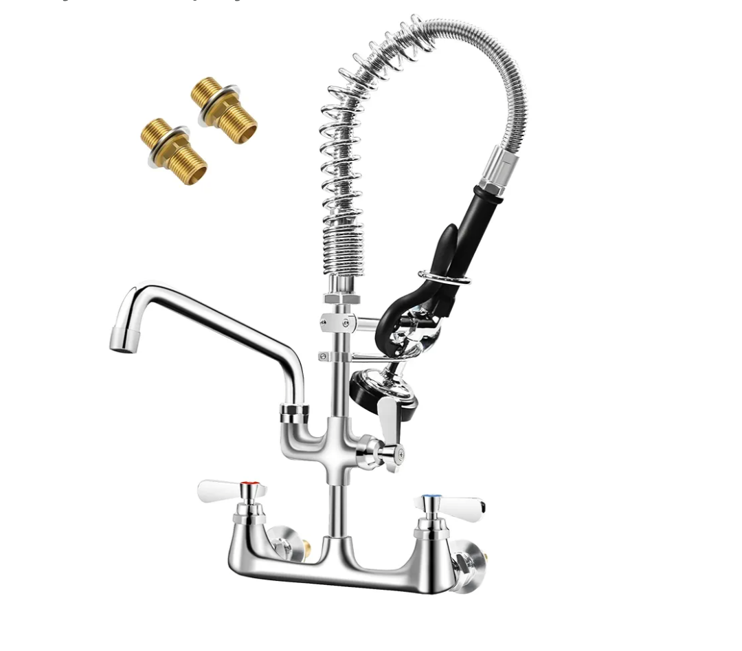 HARDURA Commercial Sink Faucet with Sprayer Wall Mount for Utility Sink, Kitchen Faucet Lead-Free Brass with 8" Center and 12" Swing Spout, 21" Adjustable Sprayer with 1.42 GPM Flow Rate
