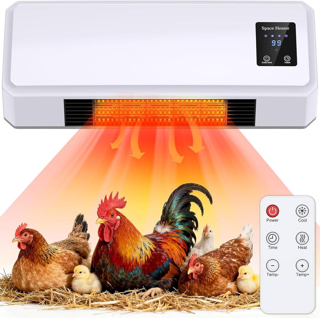 1500W Chicken Coop Heater for Winter, 2 Mode Wall-Mounted Chicken Heater with Timer & Remote Control, 3S Fast Heating & Large LCD Display, Heat Chicken Coop Warmer for Chickens, Ducks, Geese in Winter
