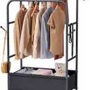 Furologee Double Rods Clothing Garment Rack with Storage Box,Clothing Rack for Hanging Clothes with 4 Side Hooks,Metal Frame Wardrobe Clothes Organizer for Bedroom,Living Room,Black