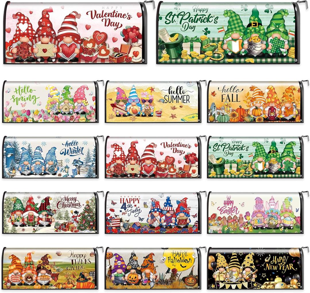 12 Pcs Seasonal Gnome Mailbox Covers Magnetic Standard Size 18 x 21 Inch Valentines Spring St Patricks Easter Magnetic Mailbox Covers for Garden Yard Outdoor Decor