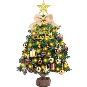 SVNVIOZ 2FT Small Tabletop Christmas Tree with Lights, Mini Artificial Christmas Tree with Bronze Gold Ornaments, Xmas Tabletop Christmas Tree for Holiday Home Decoration
