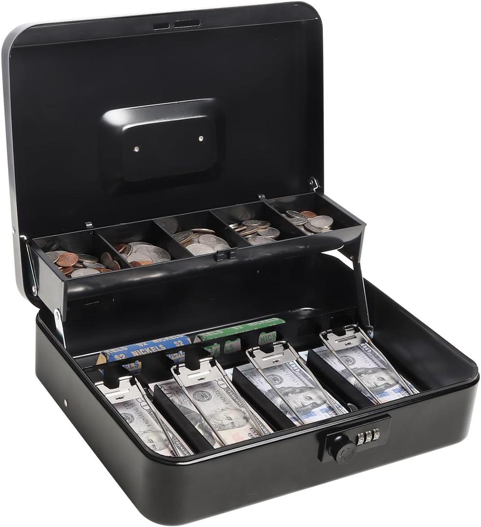 Cash Box with Money Tray and Combination Lock, Lock-Durable Metal Cash Box with Money Tray, 5 Compartments for Cions & 4 Spring-Loaded Clips for Bills, 11 4/5" x 9 2/5" x 3 1/2", Black