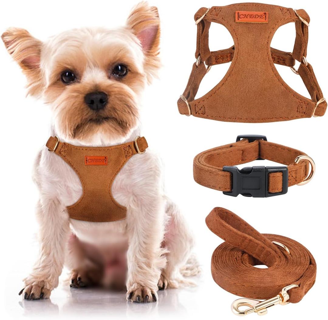 No Pull Dog Harness- Lightweight, Soft, Adjustable Small Harness Collar and Leash Set, Suitable for Cats Puppy Small-Sized Dog Outdoor Training and Running (Brown, XXS)
