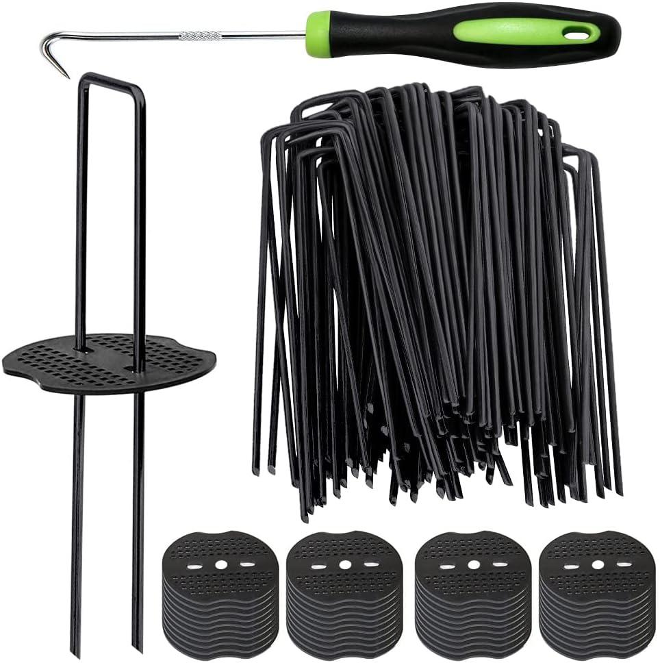 Bakulyor 50pcs Black Landscape Staples + 50pcs Buffer Washer, 6 Inch 11 Gauge Garden Stakes Staples, U Shaped Galvanized Lawn Pins Heavy Duty Yard Ground Pin for Weed Barrier Sod Fabric Decorations