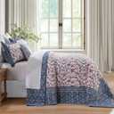 Oversized Queen Bedspreads 102"x120" - 100% Cotton Super King Quilt, Vintage Floral Pattern, Extra Large Lightweight Reversible Quilted Bedspread Coverlet, 3 Pcs, Blue/Red