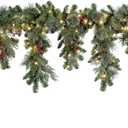 Haute Decor 6 Foot Christmas Pre-lit Holiday Swag for Fireplace Mantels with 100 Energy-Efficient Soft White LED Lights, Faux Berries, Real Pinecones and Built-in Timer (Cascading Mantle)