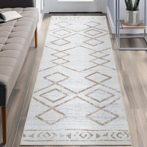COLLACT Runner Rug 2x5 - Hallway Moroccan Washable Rug Geometric Kitchen Modern Non Slip Boho Thin Runners for Bedroom Bathroom Laundry Room Doorway (2x5ft Taupe On Beige)