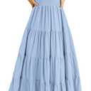PRETTYGARDEN Women's Casual Summer Midi Dress Puffy Short Sleeve Square Neck Smocked Tiered Ruffle Dresses (Blue, XL)