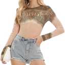Kasopp Women Mesh Printed Crop Top Shirt Long-Sleeved Slim Cool T-Shirts Modern Punk Street Tops size S
