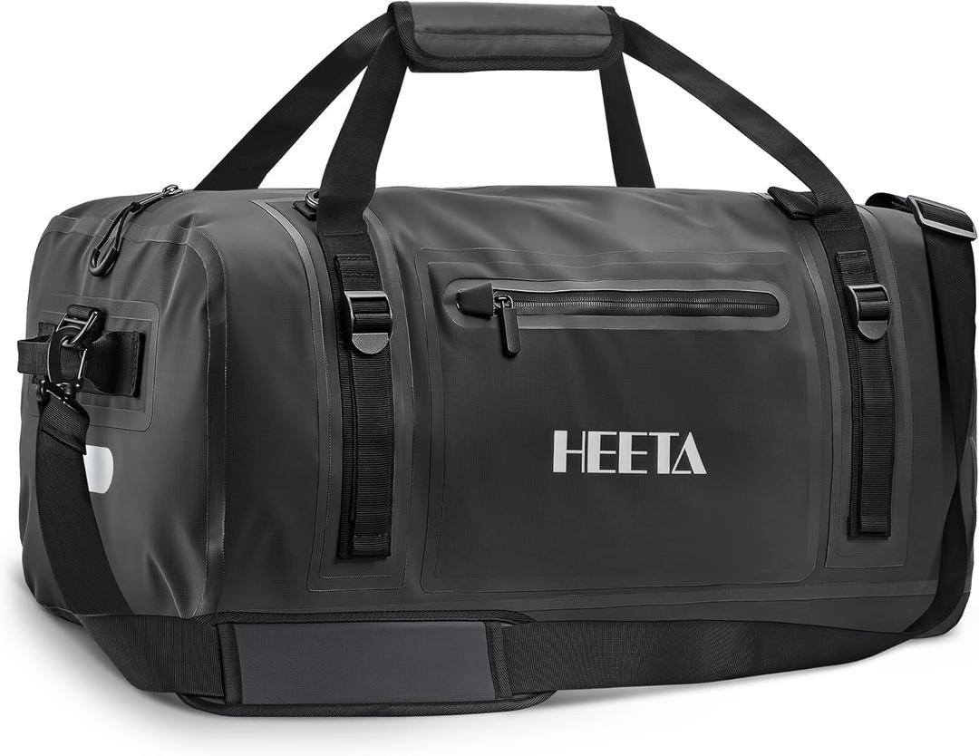 HEETA Waterproof Motorcycle Dry Bag, Waterproof Duffel Luggage Travel Bags with Zippered Closure & Pocket, Shoulder Straps, Large Space for Motorcycling Camping Commuting Boating (Black, 50L)