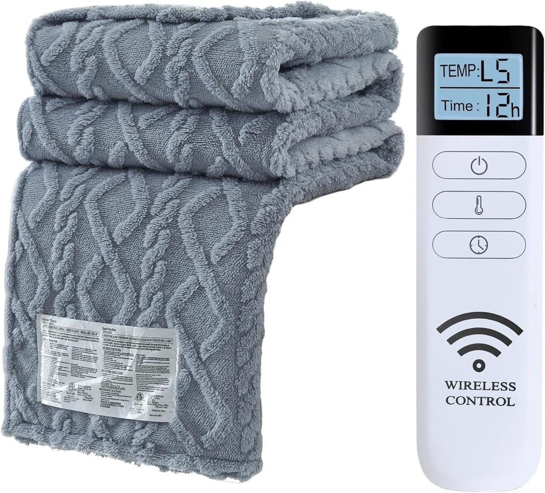 Heated Blanket - Electric Blanket with Wireless Remote, 5 Heat Levels, 12hr Timer, Sherpa Flannel (Light Grey, 62"84")