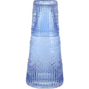 elle decor Bedside Water Carafe with Tumbler Set | Vintage Design Pitcher and Matching Drinking Glass Doubles as Lid | 33-Ounce Jug for Guest Room, Office, or Gift | 4 x 8.5 (Cobalt Blue)