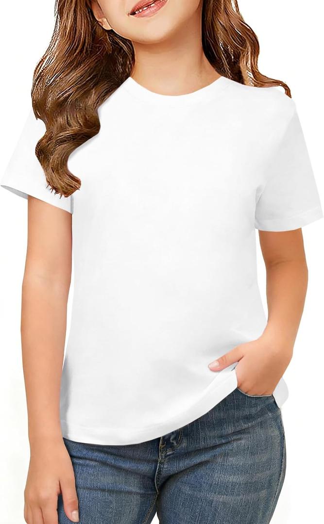 ZDC Girls Short Sleeve Shirts Crewneck T Shirts Kids Summer Tops Basic Tees 5-14 Years (White)