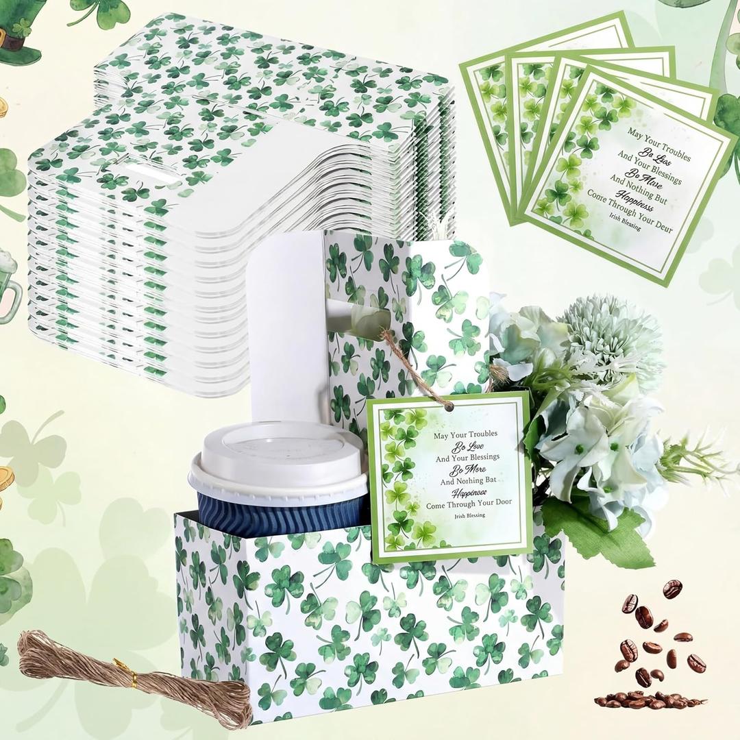 Silkfly 12 Set St. Patrick's Day 2 Cup Drink Carrier with Handle Shamrock Irish Blessing Cards Disposable Kraft Paperboard Handled 12-30 oz Coffee Cup Holder for Party Supplies Cold Hot Drinks