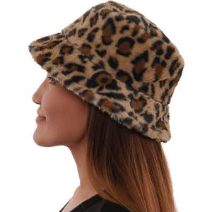 Bucket Hats Fuzzy Sheep Print Women Men Plush Cap Warm Soft Fisherman Hat Adjustable Winter Spring (6 3/4-7 1/4, Brown Leopard)