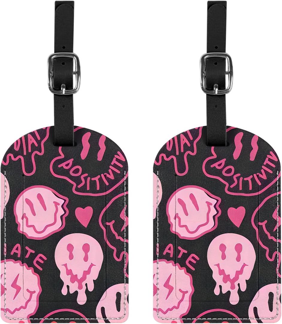 2 Pack Luggage Tag Luggage Tags PU Leather Suitcase Tags Aesthetic Cute Funny Preppy Travel Bag Labels for Women Girls-Black Pink