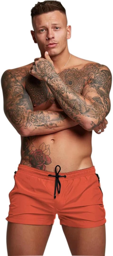 Mens Swim Trunks Quick Dry Swimwear Zipper Pockets, Swim Shorts with Mesh Lining (Medium, Orange Red)