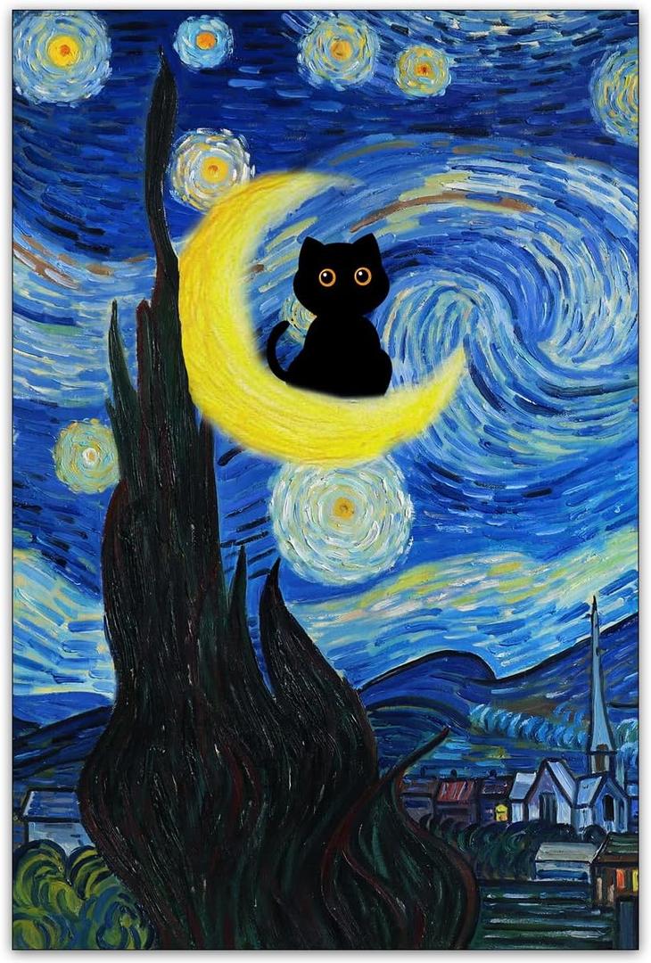 CAXIYSH Starry Night Black Cat Canvas Wall Art Cute Funny Cat Poster Famous Impressionist Oil Paintings Abstract Farmhouse Gallery Aesthetic Room Wall Decor 16X24 inch Unframed