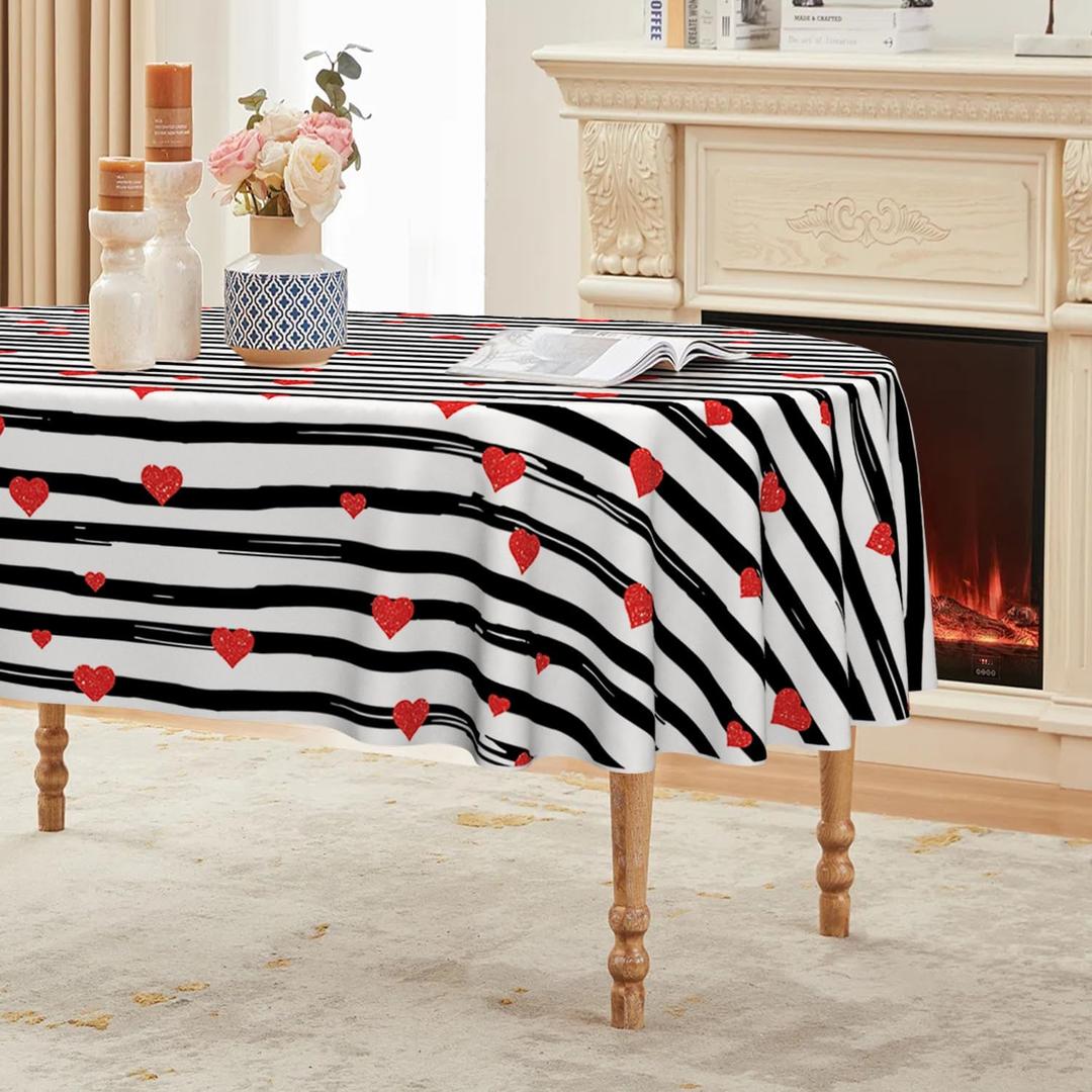 Horaldaily Valentine Tablecloth 6084 Inch Oval, Love Heart Black Line Washable Seasonal Table Cover for Party Picnic Dinner Decor