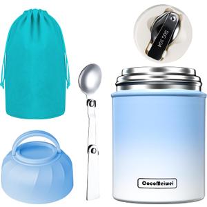 Soup Thermo for Hot Food & Drinks, Thermo Lunch Box for Kids, 17oz Vacuum Insulated Food Container with Spoon&&Drawstring Bag, Soup Therm for Adults, Blue&White