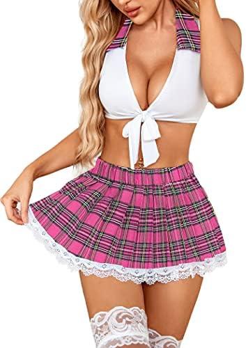 Avidlove Lingerie Set for Women Sexy Lace Two Piece Lingerie Outfits with Tie Top and Mini Pleated Skirt Set, Medium