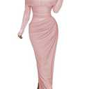 Unybwonn Women Sexy Off Shoulder Mesh Maxi Dress Long Sleeve Ruched Party Formal Stretch Elegant Party Club Long Dresses (Small, Green)