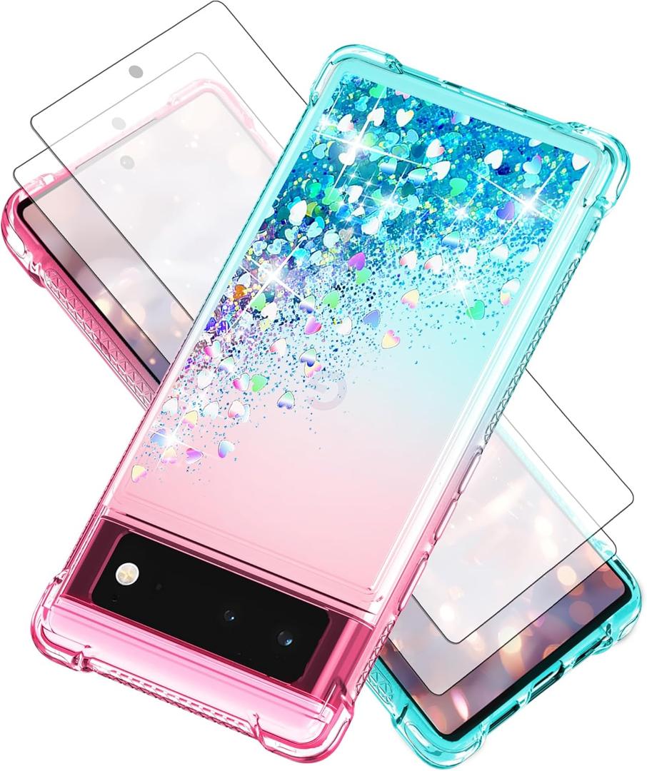 For Pixel 6 Case with Screen Protector*2, Clear Liquid Sparkle Glitter Floating Quicksand Phone Case, Soft TPU Bumper Shockproof Protective, Pixel 6 Phone Case for Women Girls,Pink/Blue