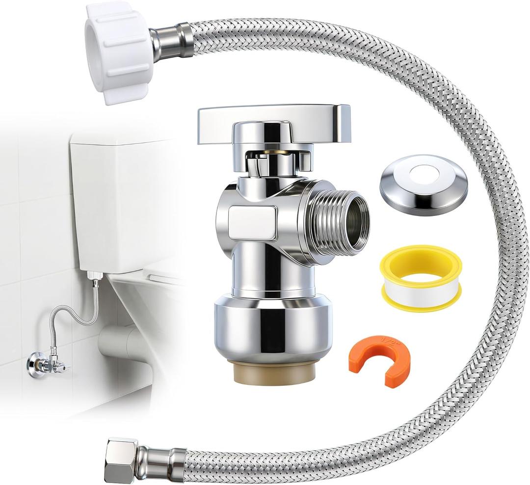 Dreyoo Complete Toilet Shut Off Valve Set with 1/2 x 3/8'' Compression Straight Stop Valve, 12" Length 3/8" COMP x 7/8" BC Toilet Connector Hose, Escutcheon Plate, Disconnect Clip & Sealing Tape