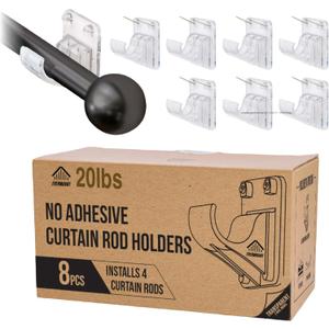 No Adhesive Heavy Duty Curtain Rod Holders with Wide Hook, 5X Stronger Than Adhesive Curtain Rod Hooks,Tension Curtain Rod Bracket for Wall with Pin Guide, Curtain Wall Mount (8 Pack, for 0.75" Rods)