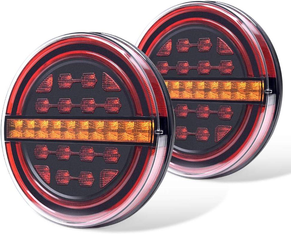 MICTUNING 2PCS 5.3 Inch LED Trailer Tail Lights 12V Submersible IP67 Waterproof Round Red Amber Brake Light DRL Flow Turn Signals Light for Trailer Truck RV Car Boat