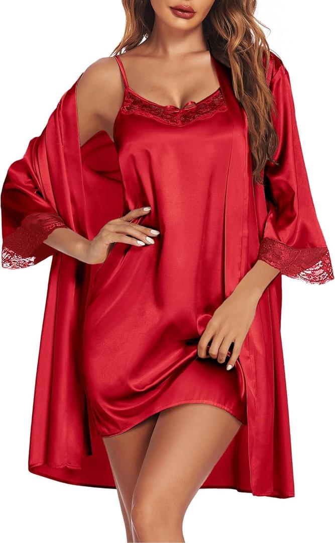 Ekouaer Sleepwear Women's Satin Nightgown with Robes Set 2 Piece Sexy Lace Cami Nightwear (Medium, Red)
