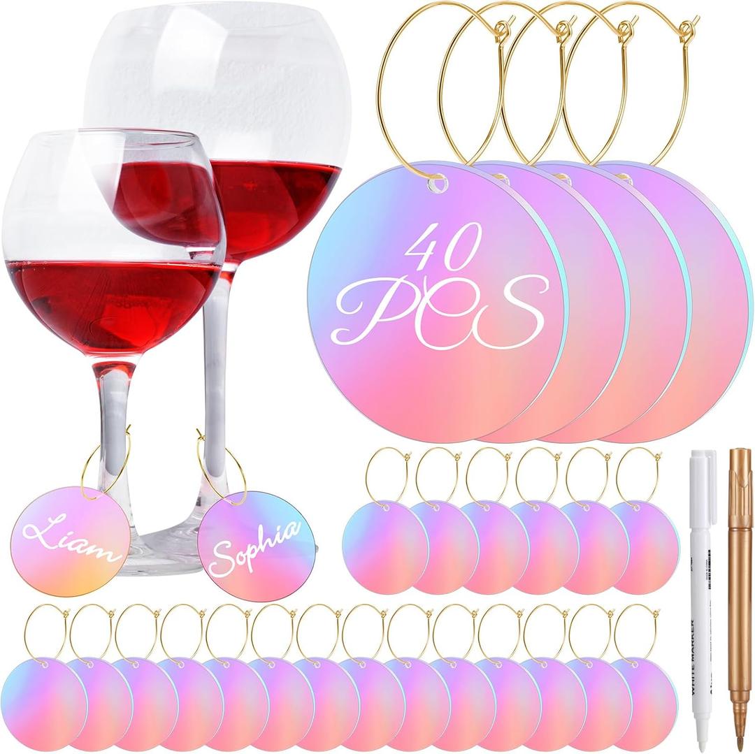 Tondiamo 40 Pcs DIY Wine Charms for Glasses Acrylic Wine Charms with Rings Tags Marker Pen Blank Glass Labels Bulk for Stem Cocktail Champagne Wedding Dinner Party Favor (Iridescent)