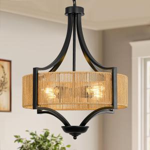 4-Light Rattan Chandelier Light Fixture, 18 Black Metal and Hand-Woven Wicker Shade, Semi-Flush Mount Boho Farmhouse Pendant Lighting for Dining Room, Living Room, Kitchen Island, Bedroom