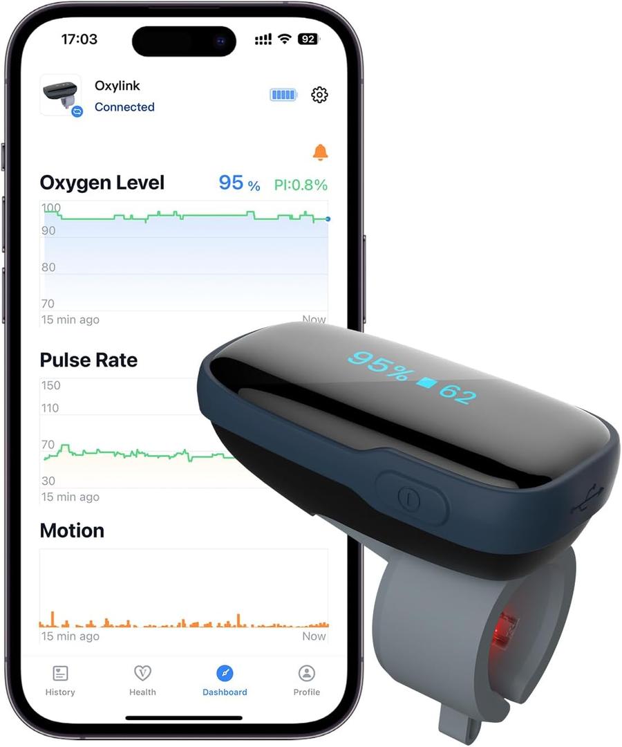 Vibeat Wearable Blood Oxygen Monitor Oxylink - Bluetooth Pulse Oximeter Finger with Audio Notification, Rechargeable O2 Sensor for Continuous Tracking with Free App