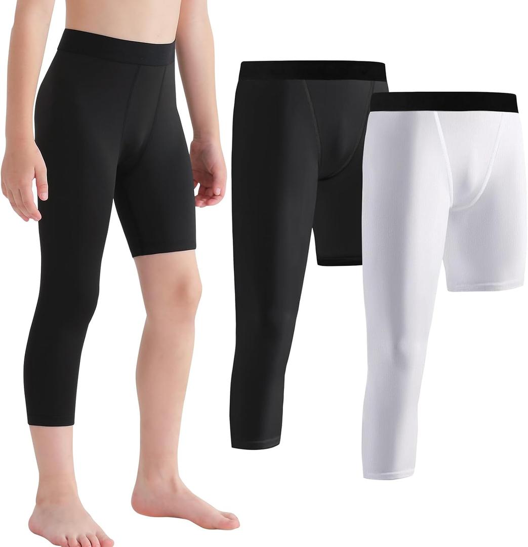 2 Pack Compression Pants Boys Youth Leggings One Leg Compression Tights for Basketball Sports Athletic Base Layer