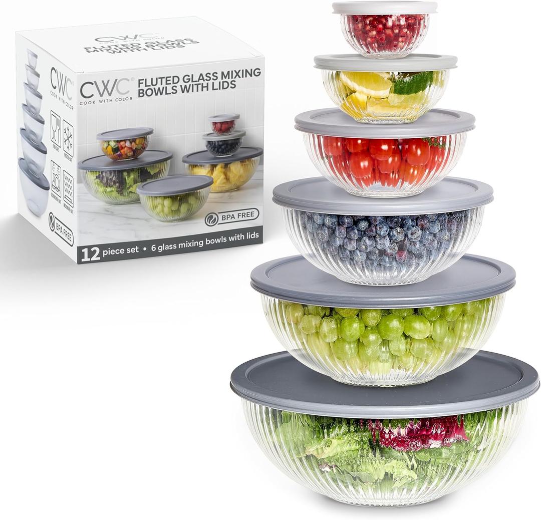 COOK WITH COLOR 12 Pc Glass Mixing Bowl Set with Lids Borosilicate Glass Nesting Bowls for Cooking, Baking and Meal Prep, Fluted Grey