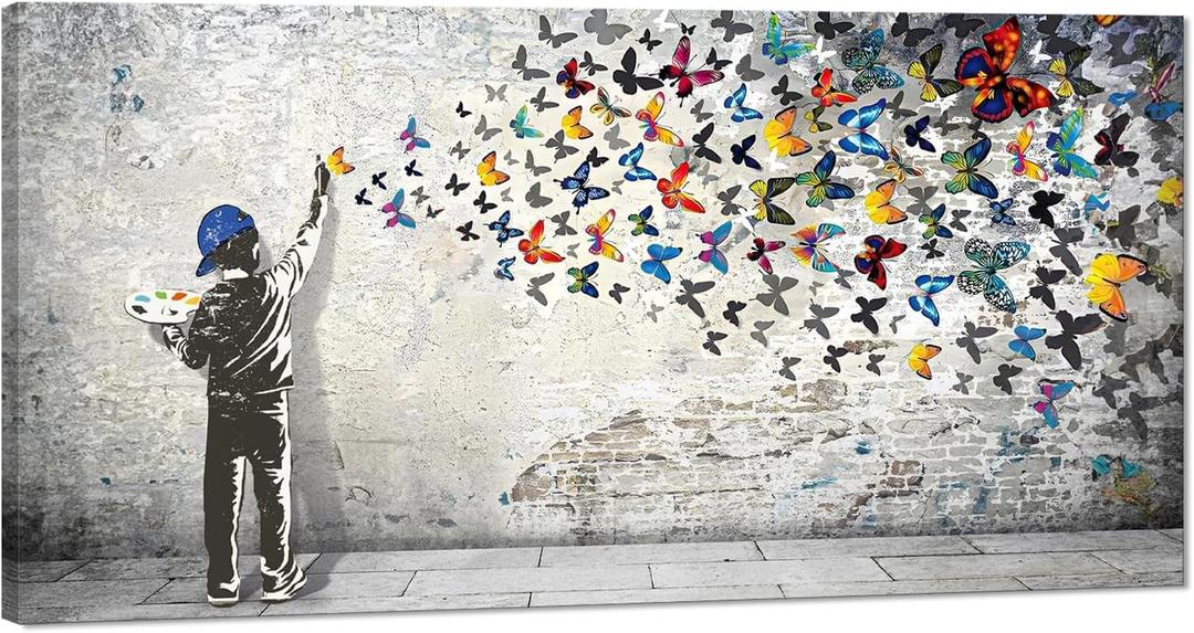 Home Decor Graffiti Canvas Wall Art for Living Room Boy Painting Butterflies Pictures Modern Street Graffiti Artwork Prints, Framed 40" x 20"