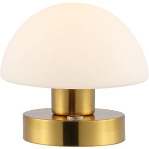 JONATHAN Y 5.75" Brass Gold/White Rechargeable Portable LED Table Lamp, Cordless Mushroom Accent Light for Bar, Nightstand, with Frosted White Glass Shade (JYL7113C)