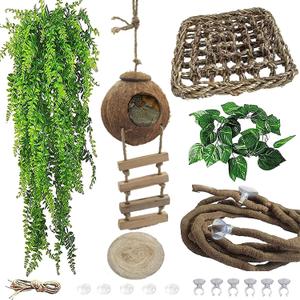 5PCS Coconut Hut for Gecko, Lizard Coco Den with Ladder and Reptile Hammock Gecko Tank Accessories Climbing Hanging Plants Jungle Vine Flexible Reptile Leaves Decor