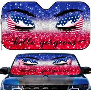American Flag Fun Eyes Car Window Shade Heat Insulation Sun Shade for Car Windshield, Glitter Front Window Sunshade Hello USA Sun Visor Shade Sunshade Shield Keep Vehicle Cool (55x30 inches)