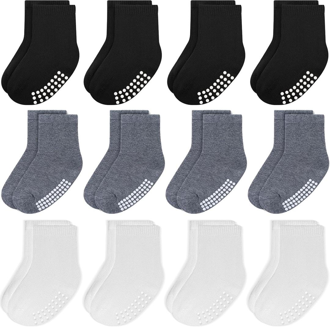 JAKIDAR 12 Pack Baby Toddler Socks Non Slip Grip Cotton Crew Socks for Boys Girls Infants Kids (Black/Gray/White)