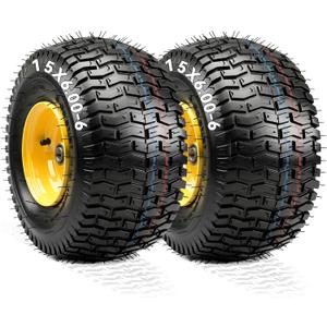 YITAMOTOR 15x6.00-6 Flat Free Lawn Mower Tires & Wheel Assemblies, 4 Ply Pneumatic Front Tires Replacement Fits John Deere, Lawn Tractors, More Riding Mowers | 3" Offset Hub, 3/4" Bearings (2 Pack)